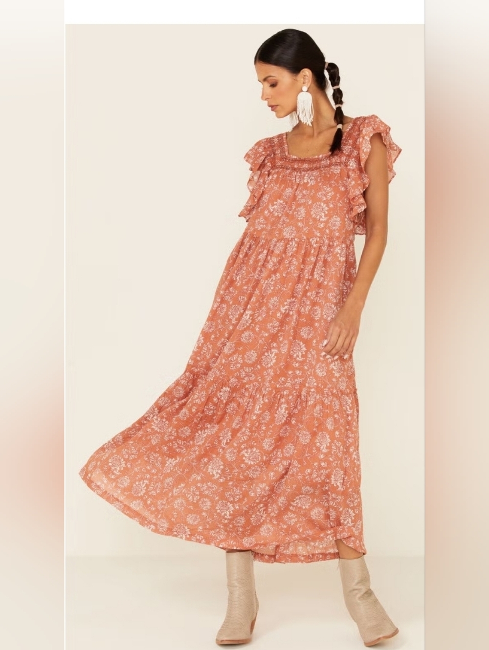 Free Peopls Rust Floral Ruffle Maxi Dress - Women Small